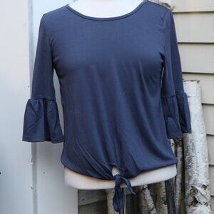 Lavender Field Slte Blue Tie Waist 3/4 Ruffle Sleeve Knit Rayon Blend Tee SMALL